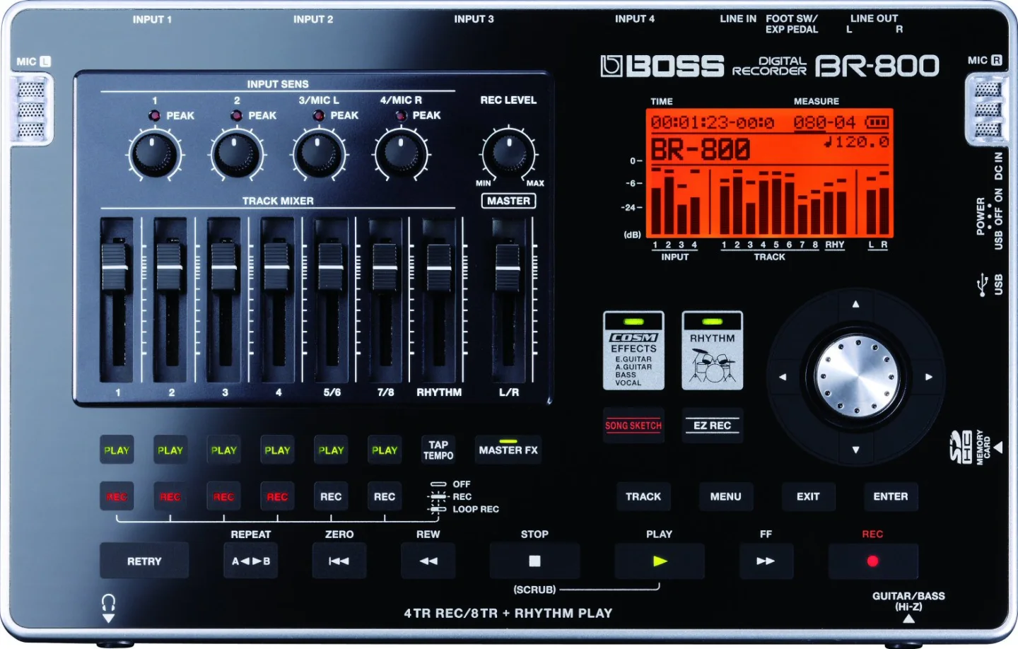 The BR800 has a 128 x 64 dot backlit LCD display, familiar dials and sliders but the raised control buttons have been replaced by touch sensitive input zones