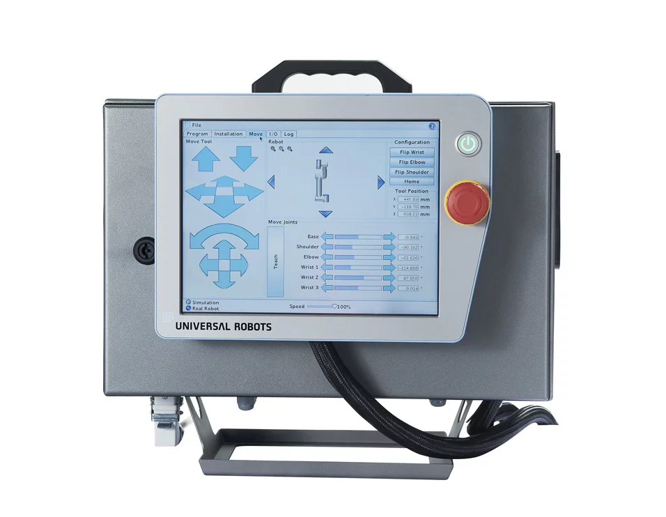 A close-up of the Universal Robots tablet and graphical user interface