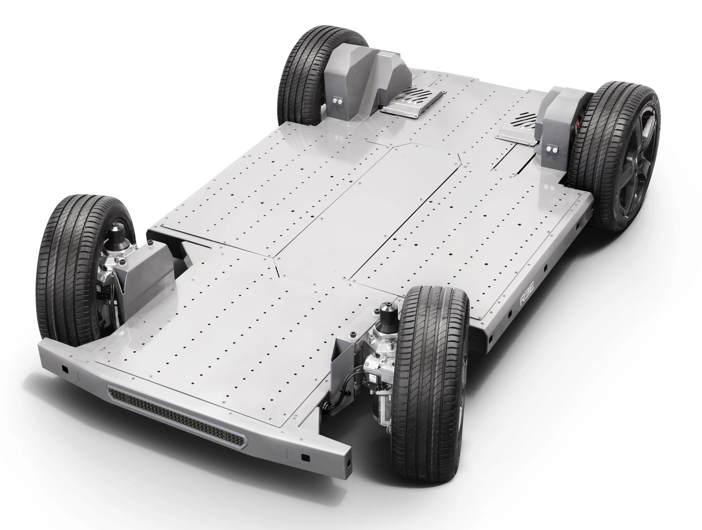 The entire base of the remarkable REE chassis is the battery, and the compact, removable corner modules contain the entire drivetrain, including the wheels, motors, brakes, steering, suspension and more