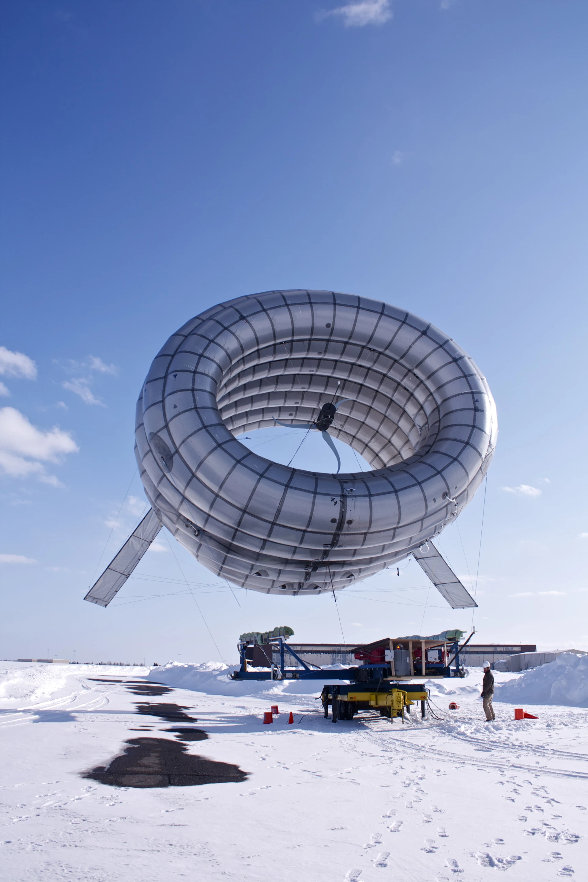 The AWT features an inflatable shell that is filled with helium, allowing it to float to higher altitudes where winds are often five times more powerful