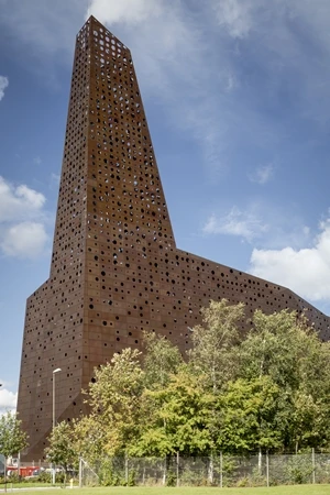 The Energy Tower references the angular roofs of surrounding factories