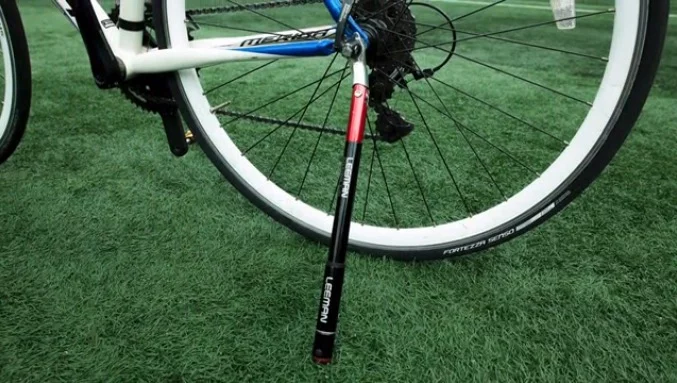 The Kickstand Pump, folded down and serving as a kickstand