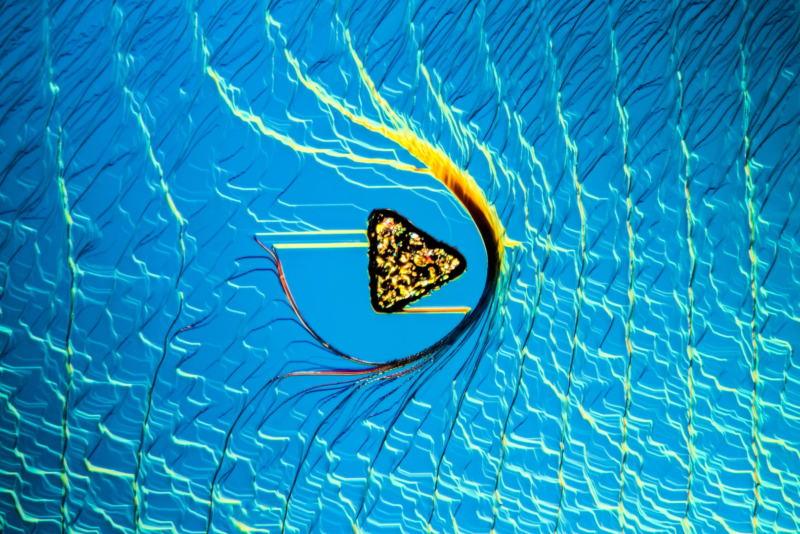 Image of Distinction. Surface texture of a synthetic sapphire crystal with a triangular platinum crystal contaminant. Differential Interference Contrast (DIC). 16X (Objective Lens Magnification)