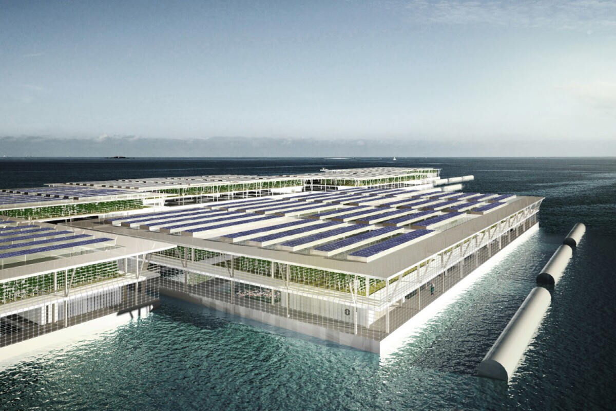 Each Smart Floating Farm would be a triple-decker barge, featuring a fish farm, hydroponic garden and rooftop solar panels