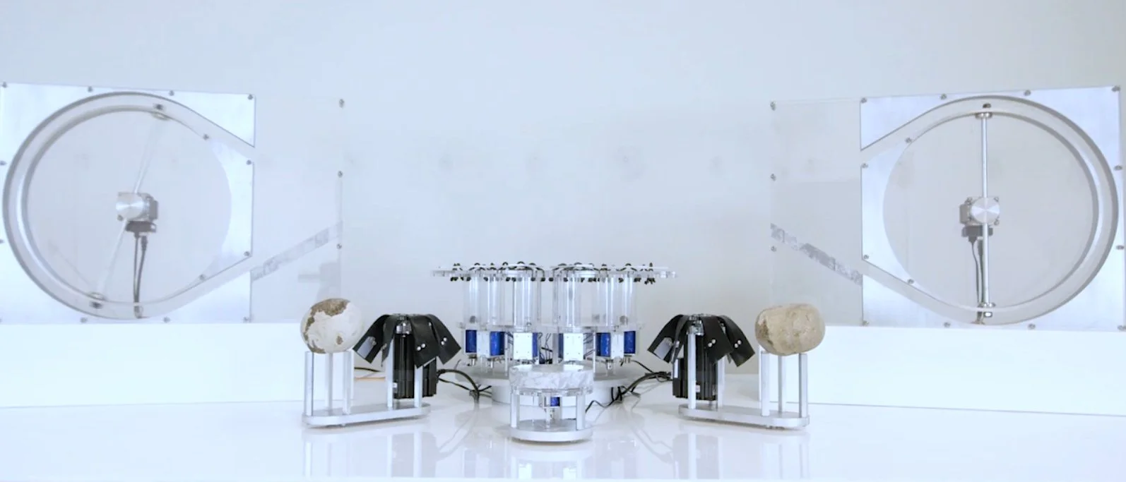 The full Rock Band ready to play, comprising two Spinner modules, a Pinger glockenspiel, a Slapper component and a Buzzer