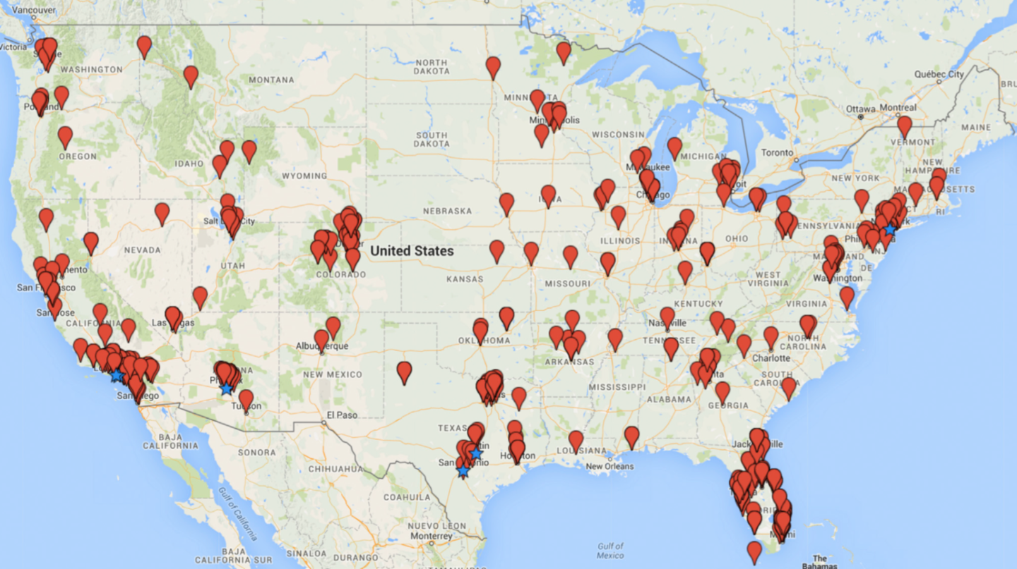 A map from 2016 highlighting the proliferation of stem cell clinics across the United States