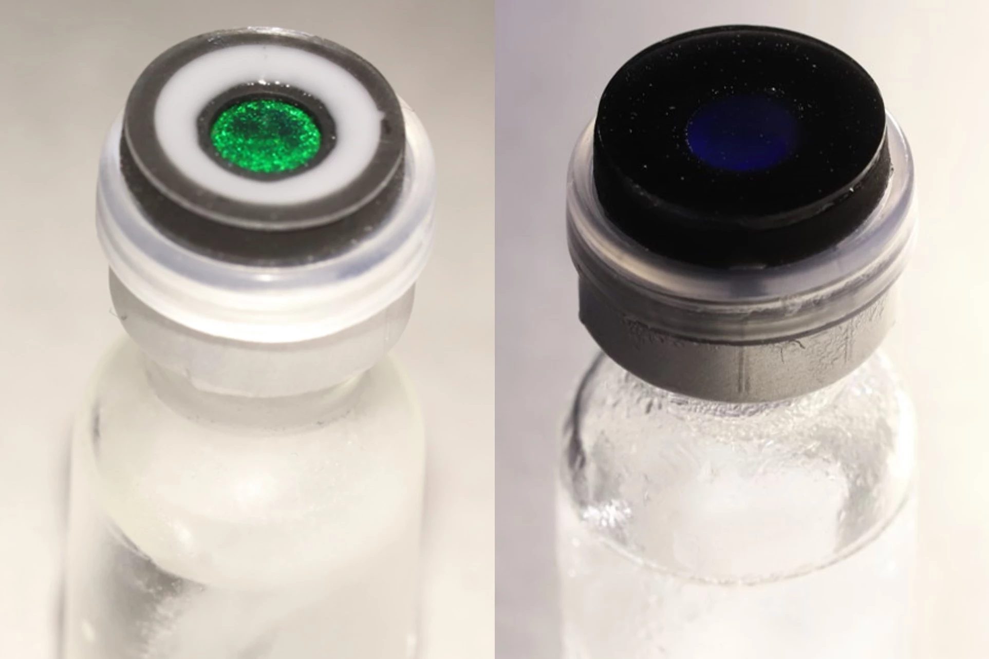 Green microcrystals in a bottle cap label (left) indicate that the bottle and its contents never warmed past a specific sub-freezing temperature – unlike the labelled bottle on the right