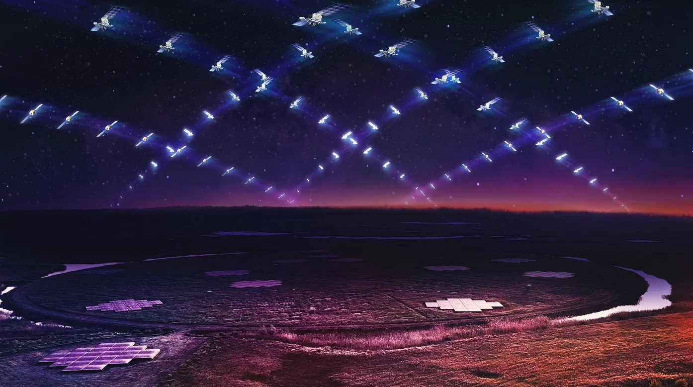 An artist's impression of a Starlink satellite constellation orbiting above the LOFAR radio telescope