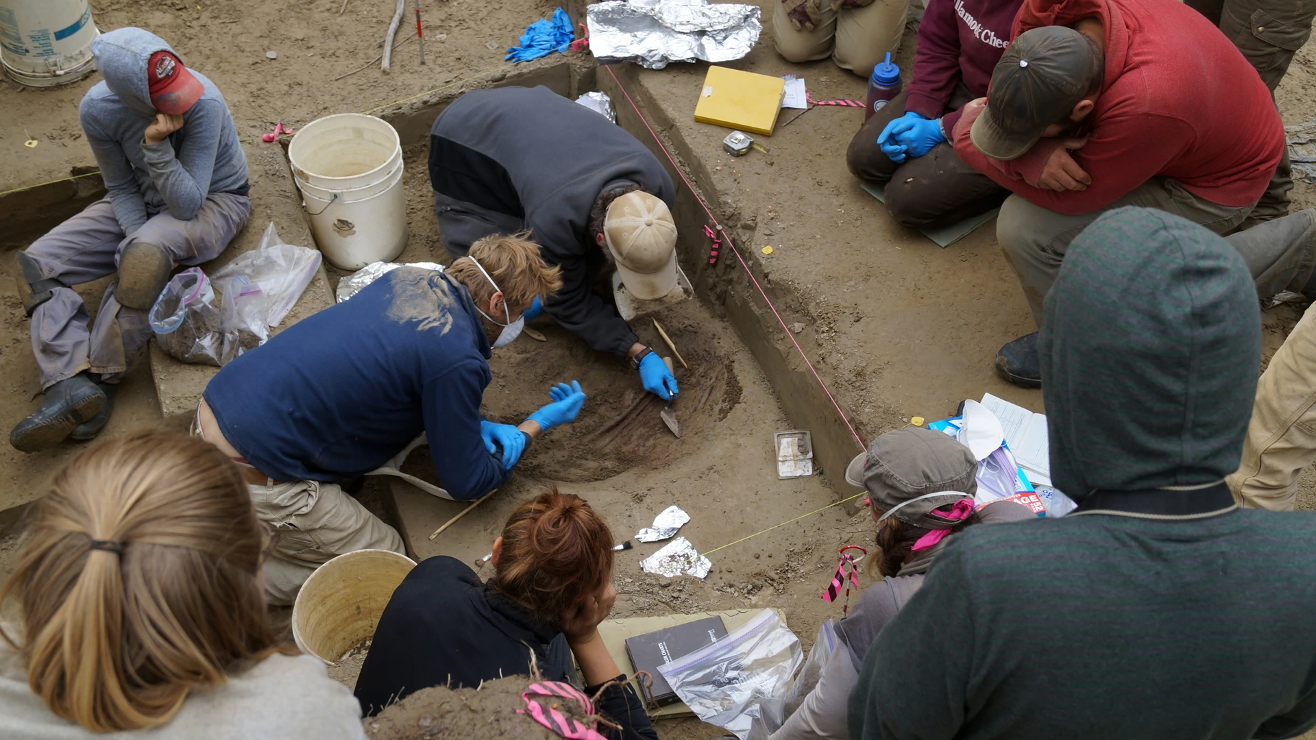 Members of the archaeology field team watch as University of Alaska Fairbanks professors Ben Potter and Josh Reuther excavate at the Upward Sun River site