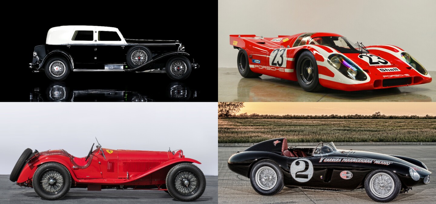 The Peninsula Classics 2020 Best of the Best Award nominees (clockwise from top left) : 1929 Duesenberg Model J Town Limousine, coachwork by Murphy. Winner of the 2020 Best of Show at Amelia Island Concours d’Elegance; 1969 Porsche 917 KH Coupé, winner of the 2020 Best of Show at Concours of Elegance Hampton Court Palace; 1954 Ferrari 750 Monza, coachwork by Scaglietti. Winner of the 2020 Best of Show at the Cavallino Classic; and 1931 Alfa Romeo 8C 2300 Monza Spider, coachwork by Zagato. Winner of the 2020 Best of Show at Salon Privé.