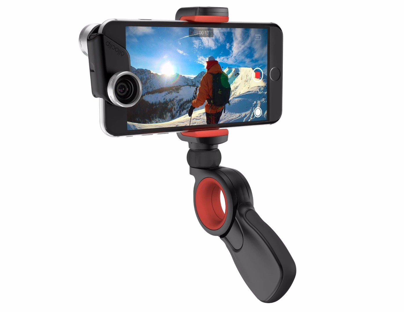 The Olloclip Pivot can be used with Olloclip's clip-on smartphone lenses