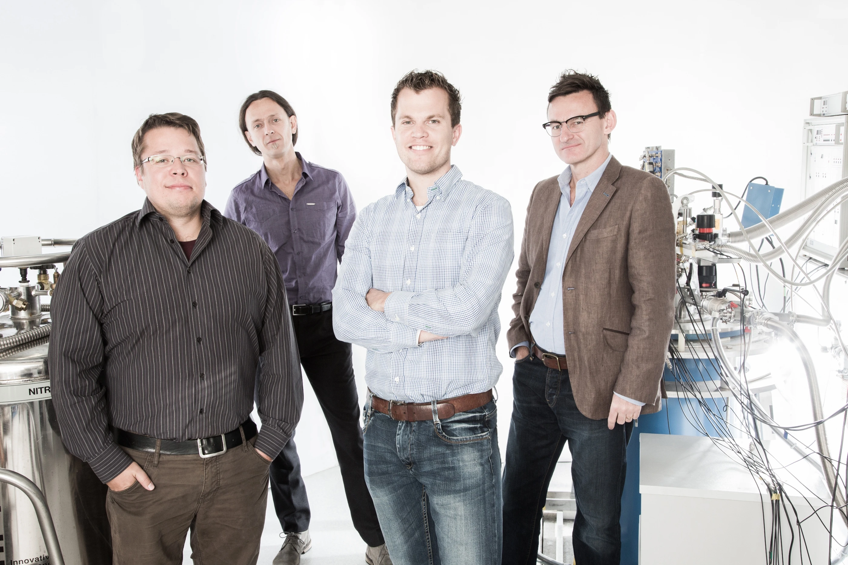 (L-R) Juha Muhonen, Andrea Morello, Menno Veldhorst, and Andrew Dzurak. (Photo: Paul Henderson-Kelly/UNSW)