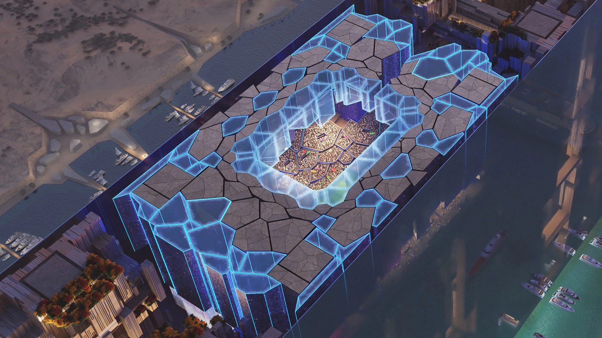 The Line's first phase, Hidden Marina, will host the 2034 World Cup soccer tournament in a large futuristic stadium on its uppermost floor