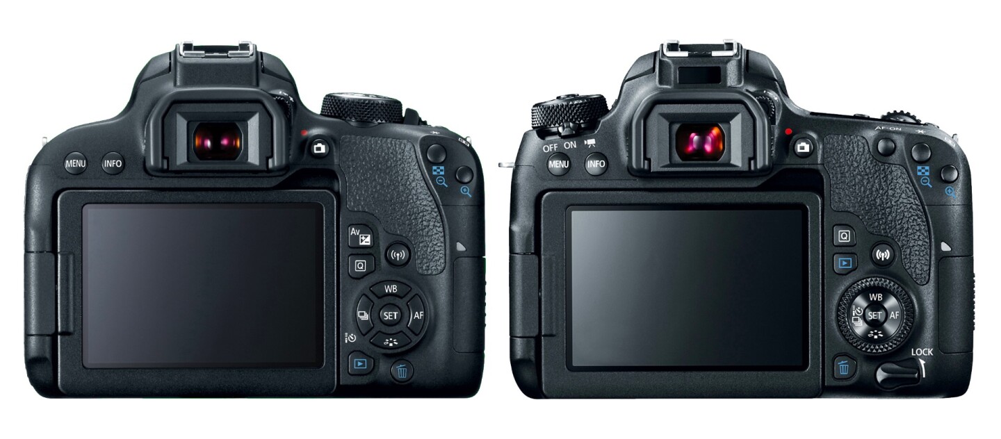 The EOS 800D/Rebel T7i (left) lacks some of the physical controls of the EOS 77D (right)