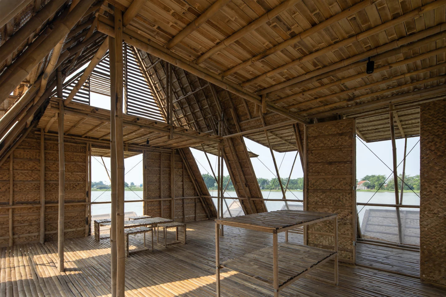 The Floating Bamboo House's different bamboo elements are held together using simple latches and ties