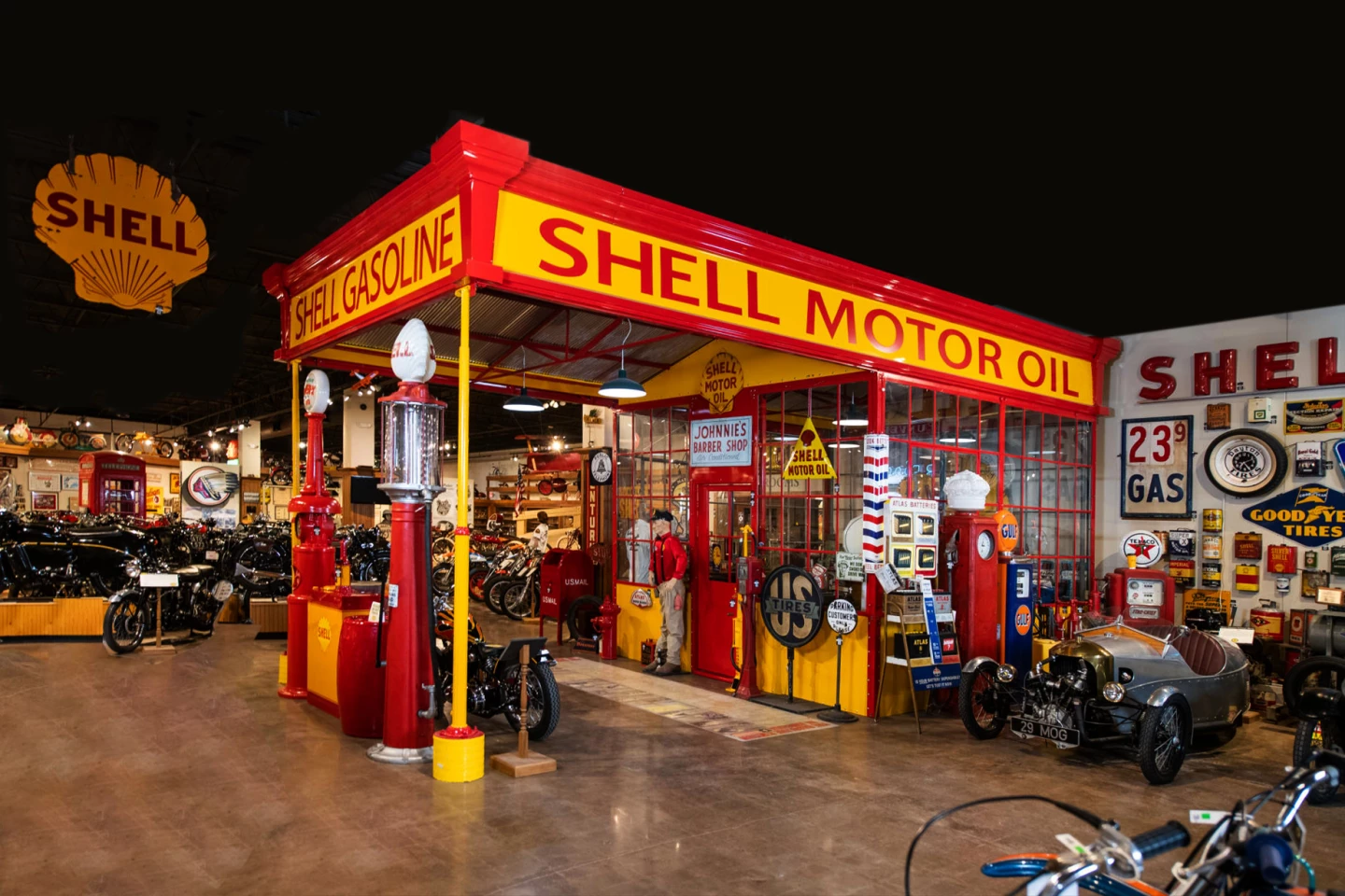 A significant artifact of transportation history, this entire Shell Oil Company roadside service station was exactly as you might have encountered a century ago in your Model T Ford, Harley-Davidson J Model or Indian Power Plus