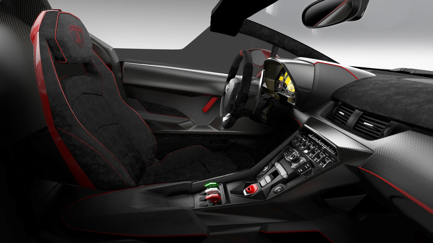 Drivetrain components and the fighter jet interior are near identical to the closed in Veneno