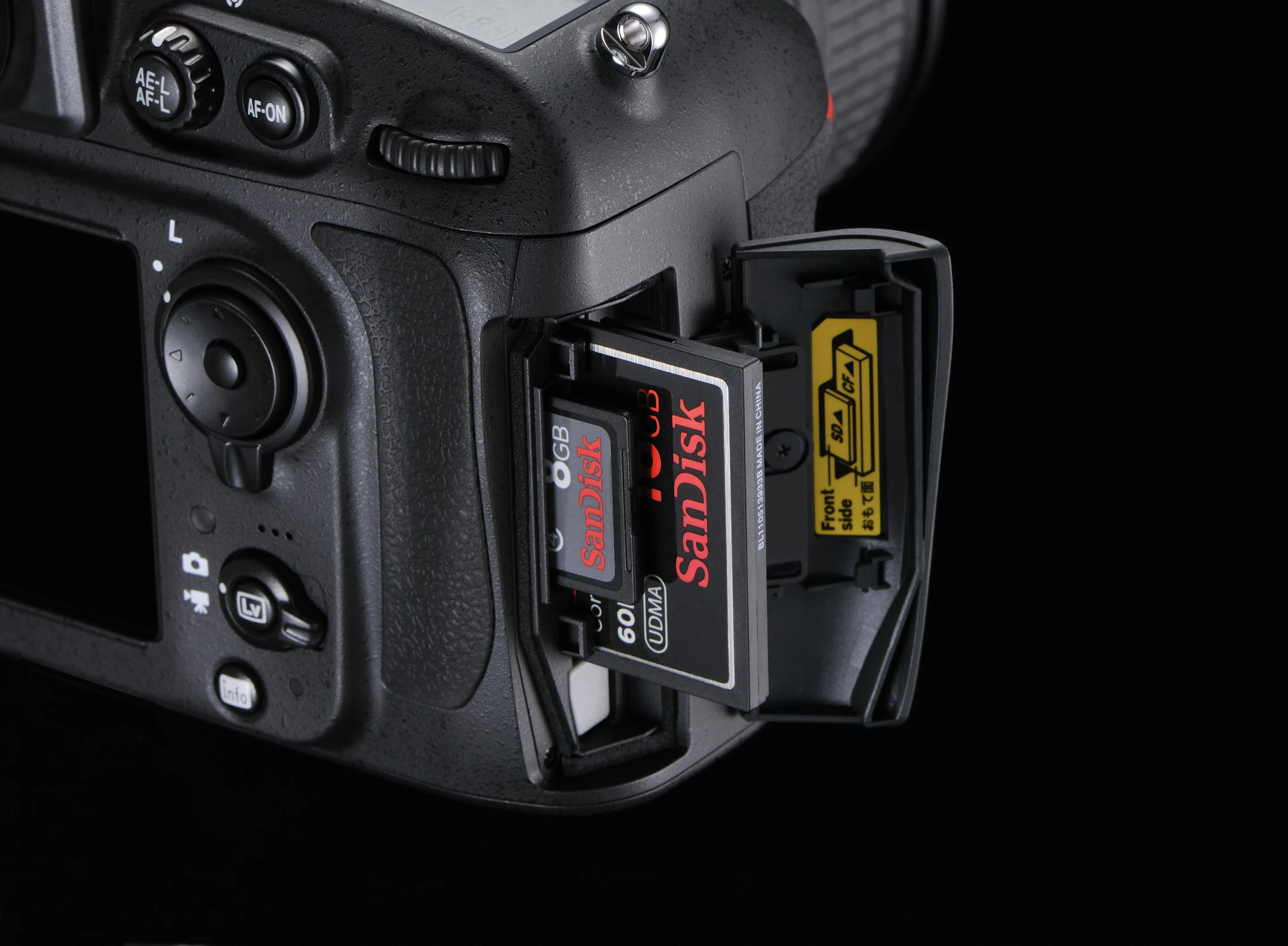 Users benefit from dual card slots to take Compact Flash and SD/SDHC/SDXC media