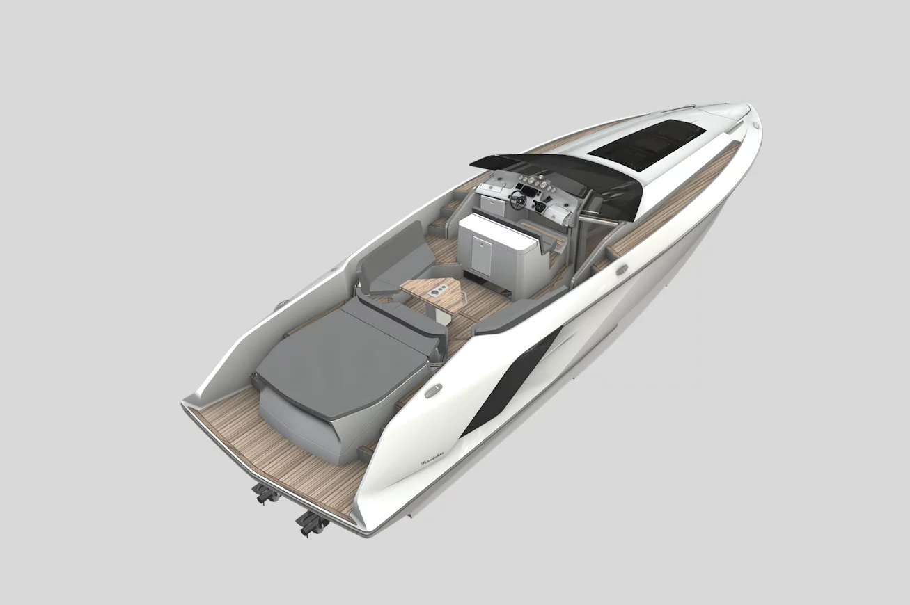 The Frauscher 1414 Demon features a roomy deck and a cabin with overnight accommodations