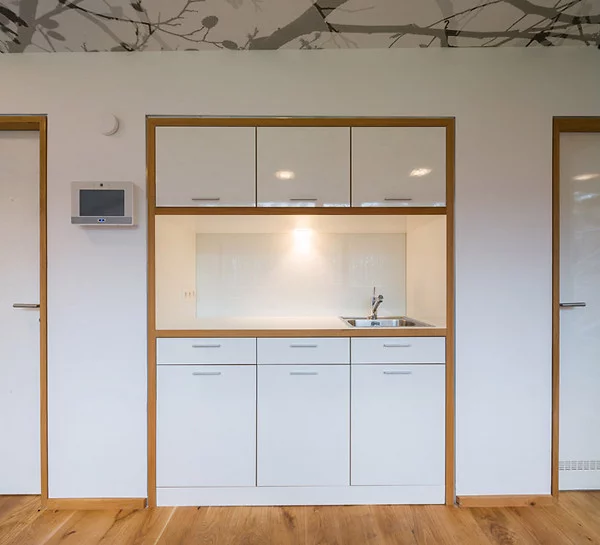 The lower cabin is furnished with a coffee lounge, pantry, restroom and technology room