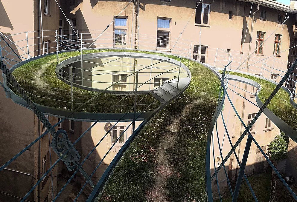Zalewski Architecture Group devised this concept as a way to add inspiration to buildings that have uninteresting, often concrete filled, enclosed courtyards. Called ‘Balcony’ the design suggests a green walkway growing out of a higher floor