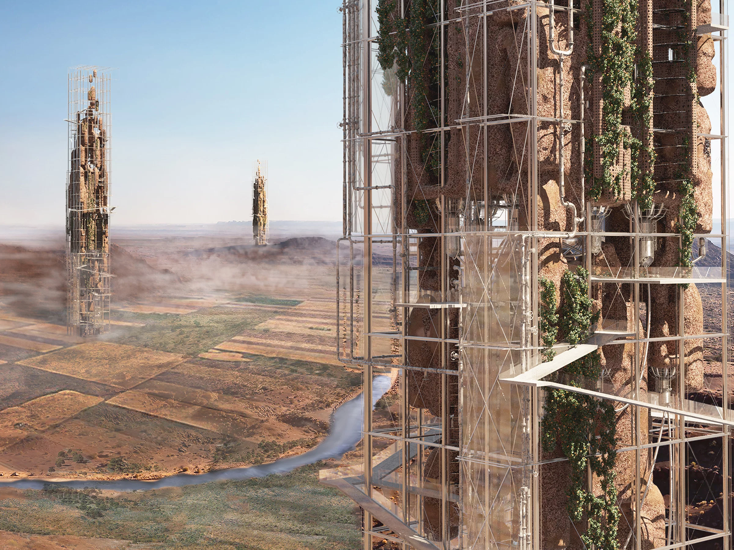 Adobe Farm Skyscraper was designed by Sweden's Hamidreza Esmailnazari, Hosein Mosavi, Amir Hossein Saeedi Majd, Hossein Amery, Hossein Arshadi Soufiani, Ali Jamali and Maryam Baharvandi. It imagines a huge self-sufficient skyscraper that incorporates urban farming in Iran