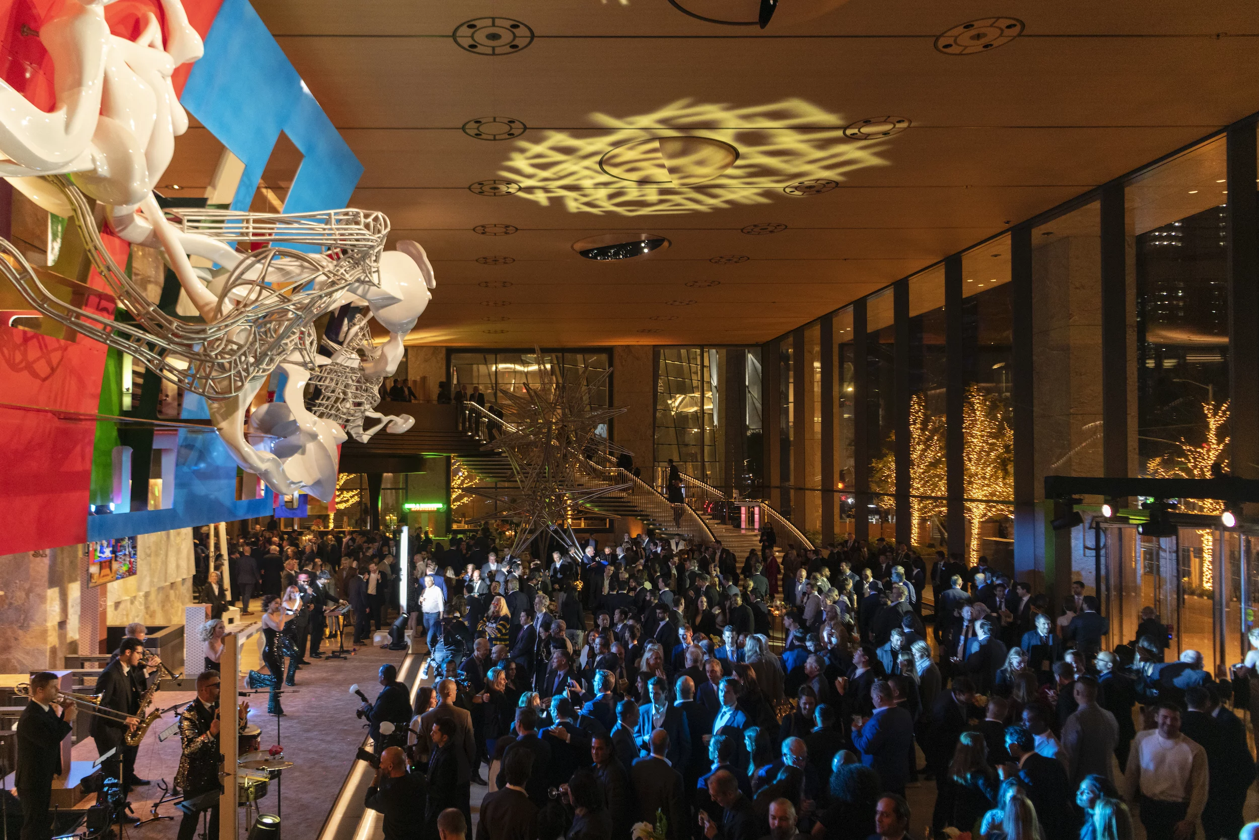 50 Hudson Yards' lobby spaces are defined by a large feature staircase and artwork by Frank Stella