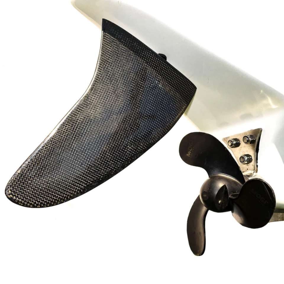 A close look at the eMogi's propeller and rudder