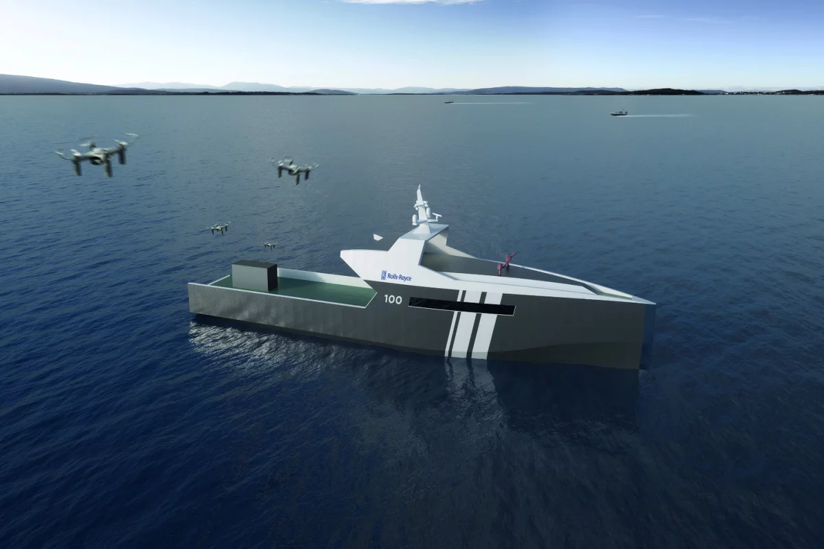 A Rolls-Royce autonomous naval vessel concept acting as an aerial drone mothership
