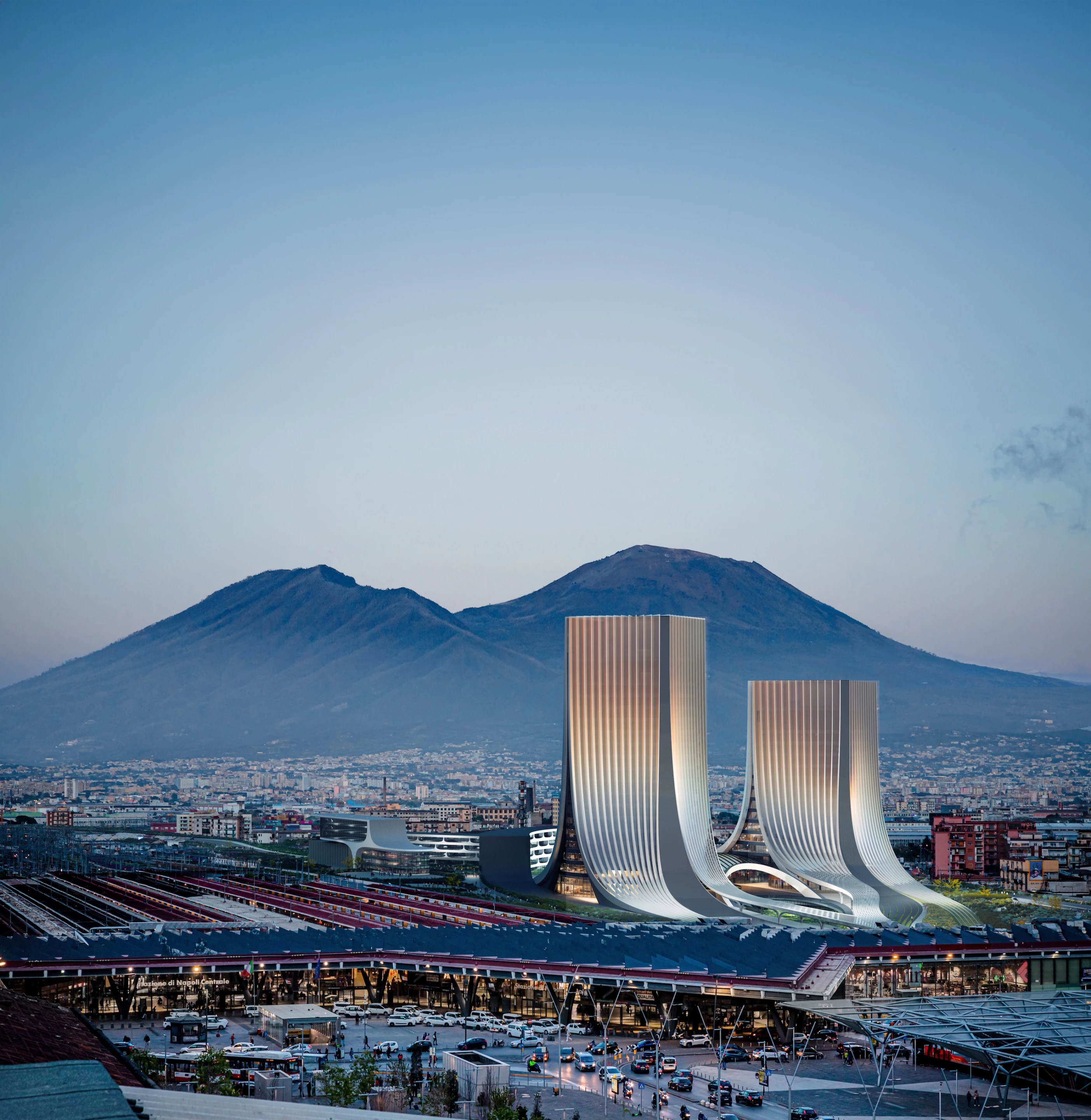 The Napoli Porta Est Masterplan's two Zaha Hadid-designed towers will provide views of the surrounding area, including Mount Vesuvius