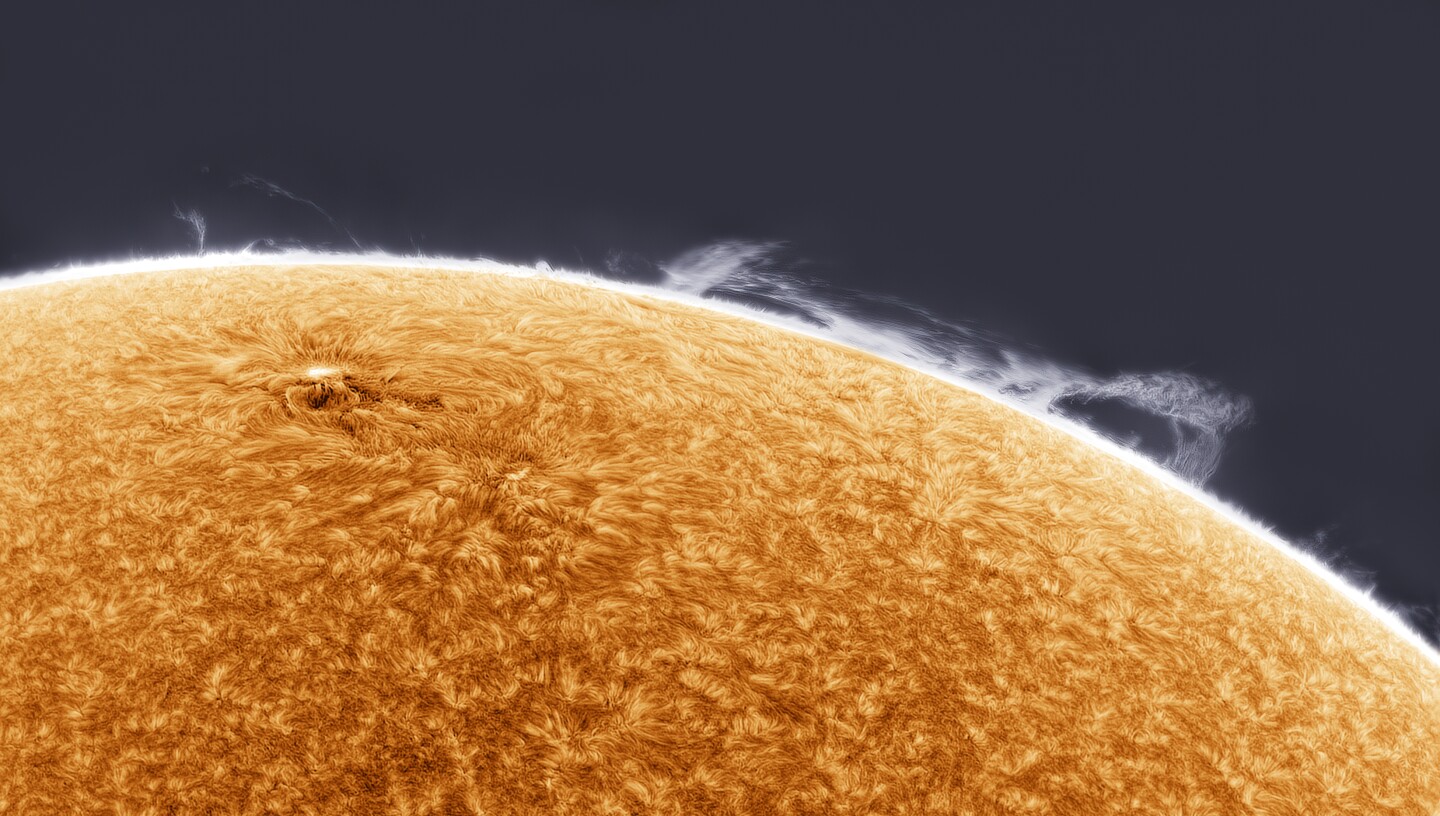 Sun. Clouds of Hydrogen Gas. Taken with QHYCCD QHY5III-174M camera, 5040mm f/33.6, 1000 x 12-millisecond frame exposures