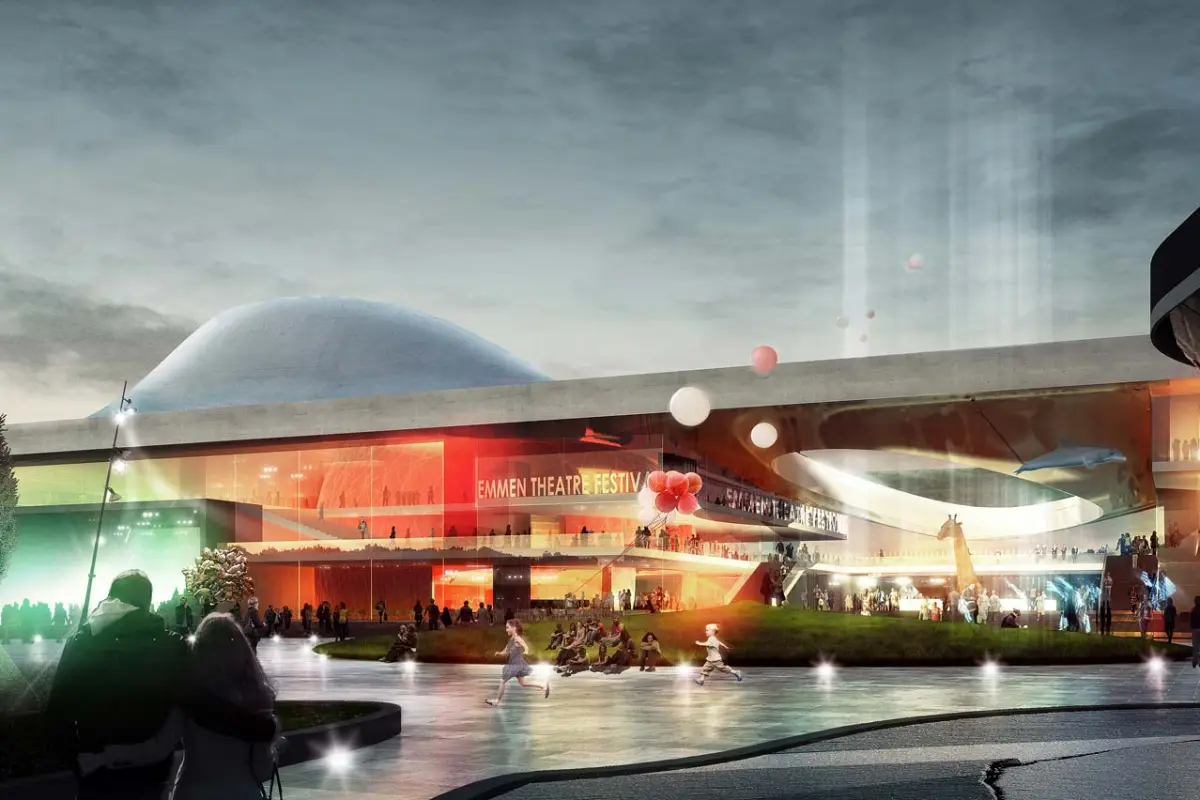 The 16,000 m2 building, which is due to be completed in 2015, is comprised of a theater and cultural center which will be incorporated into the existing zoological grounds as an entrance building