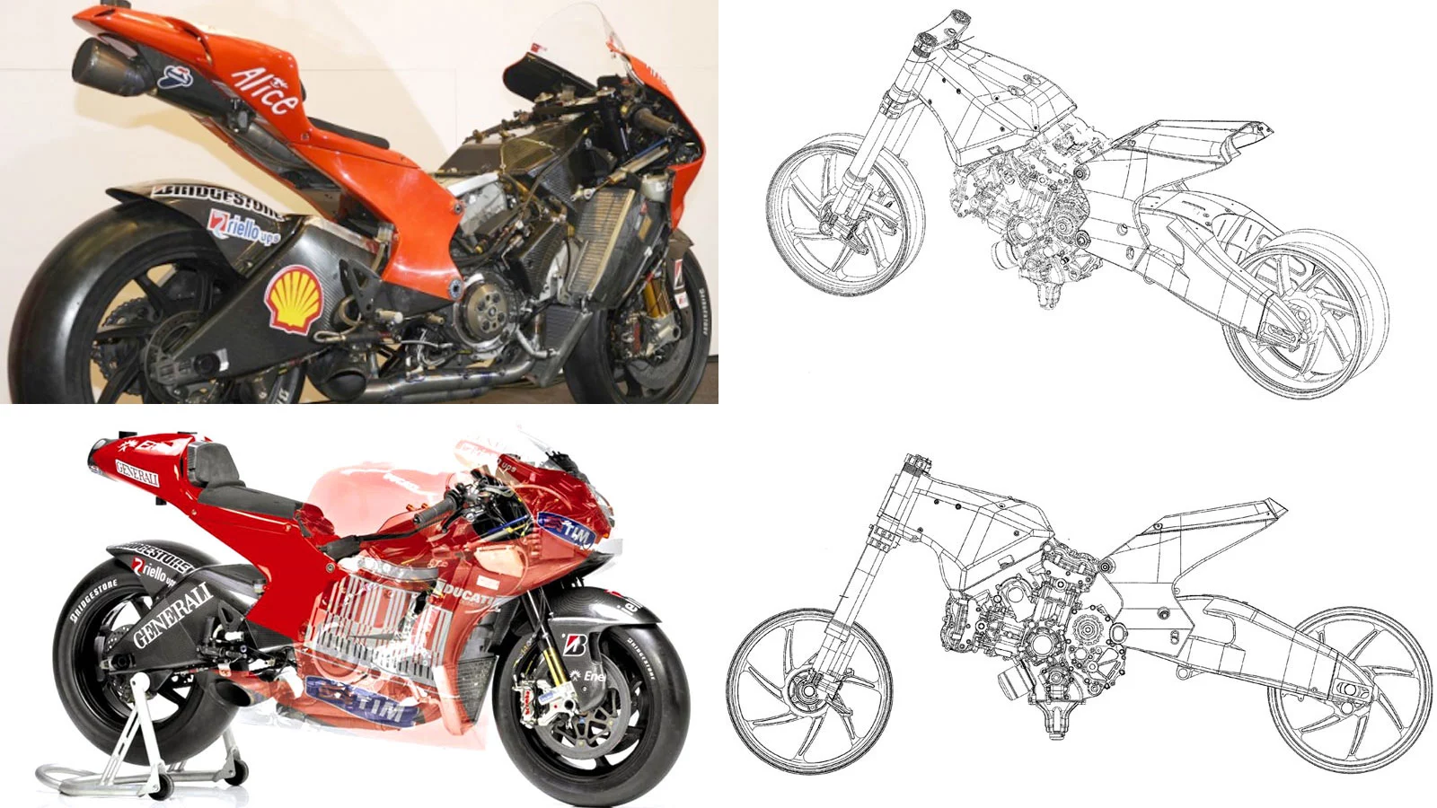 Clockwise from top left: the 2009 MotoGP Desmosedici GP9, two patent application drawings and recently released see-through illustration of the 2010 MotoGP Desmosedici GP10