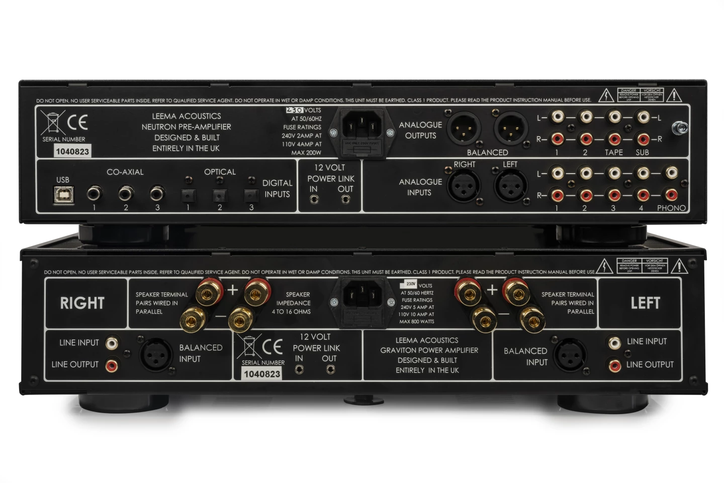 Generous helping of ins and outs on the Neutron pre-amp (top) and Graviton power amp (bottom)
