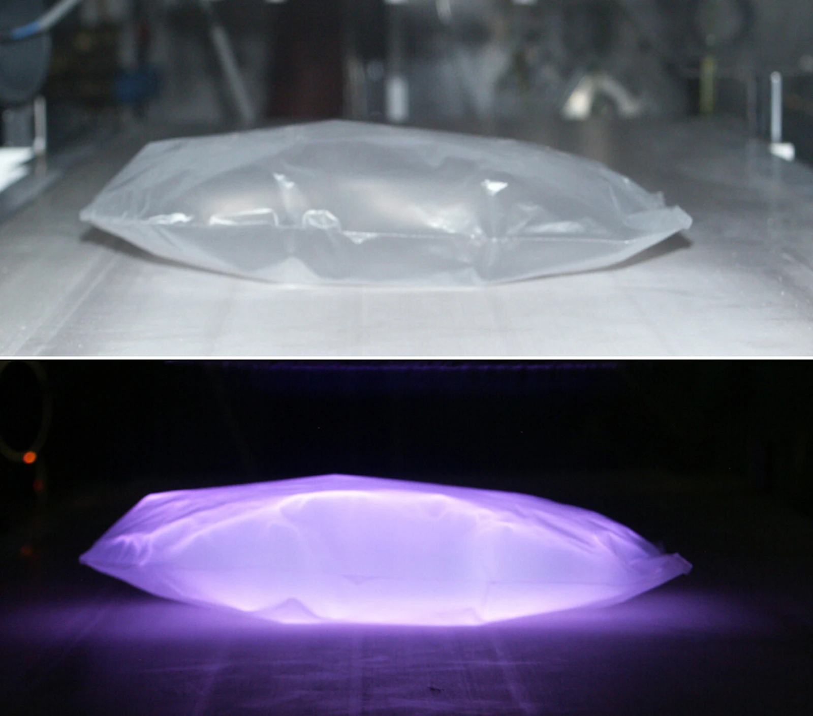 Creating a plastic bag as a bio-container using electrically-charged plasma (Photo: Fraunhofer IST)