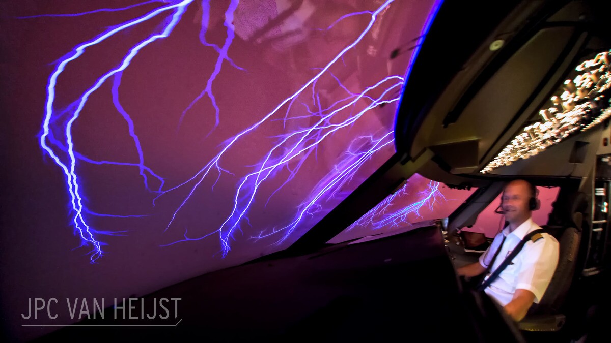 St. Elmo's Fire, a strange electrical phenomenon, covering the nose of the airplane