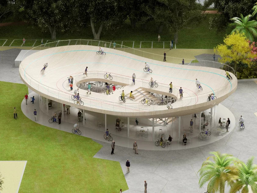 In a move likely to inflict a sudden pang of inadequacy in bicycle clubs the world over, NL Architects has cooked up a concept both radical and supremely simple: a bicycle club with a velodrome on the roof