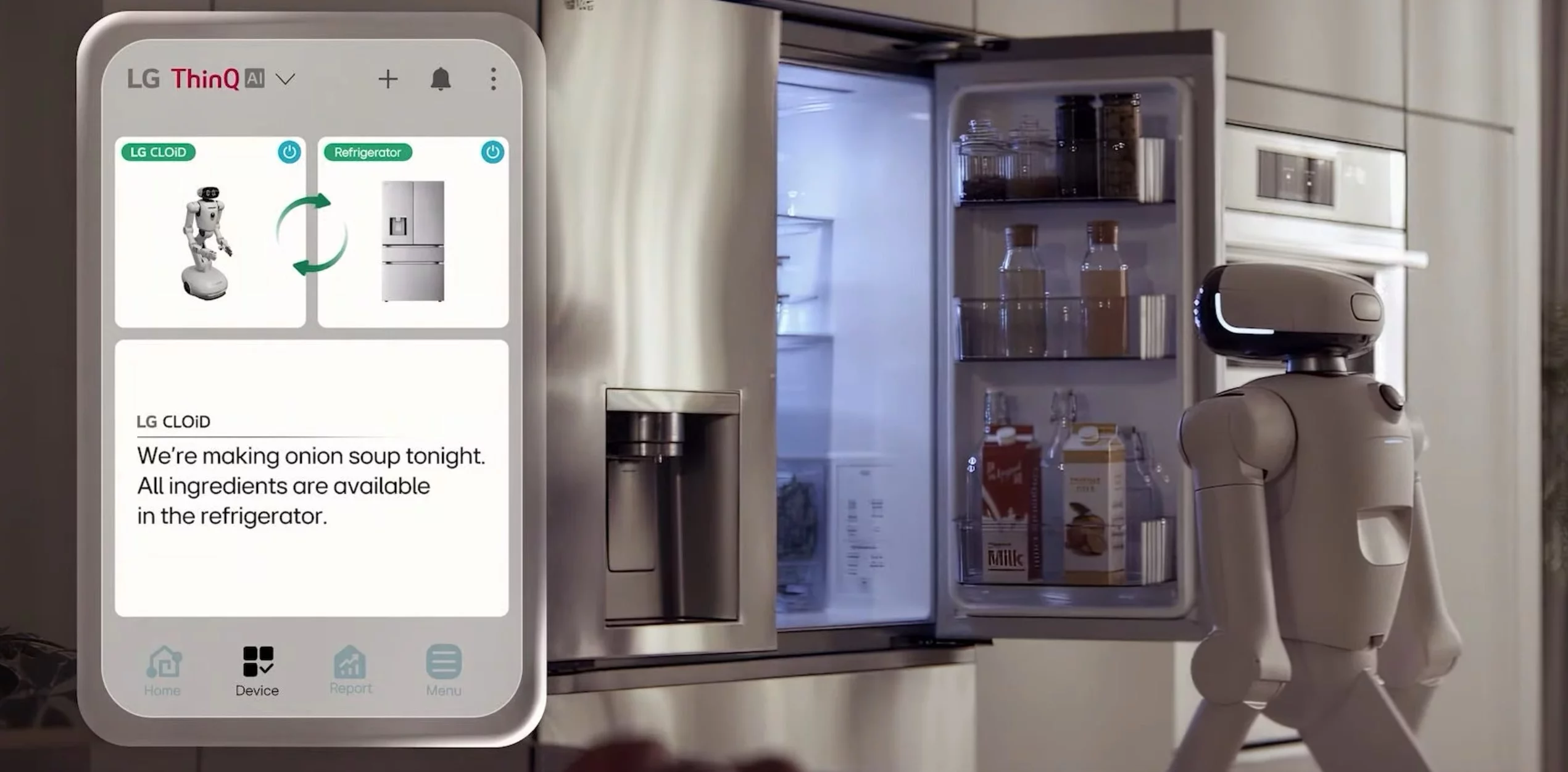 The LG CLOiD robot can interact with the owner remotely through an app - to check the fridge for ingredients, for example, before making dinner