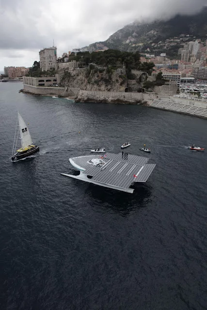 The TURANOR PlanetSolar, as it enters Monaco's Hercule Harbor