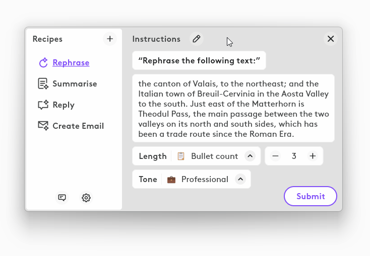 The Logi AI Prompt Builder tool is free to use and comes with four preset functions (or recipes) to get you started