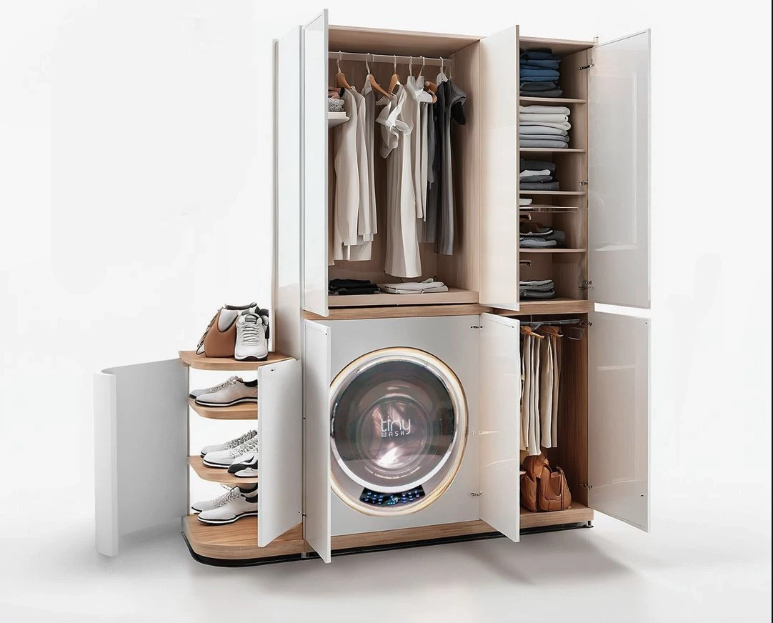 Robeta adds a feeling of space and openness by replacing the standard central wet bath with a wide wardrobe that includes loads of space for clothes and footwear, along with a Tiny Wash washer/dryer