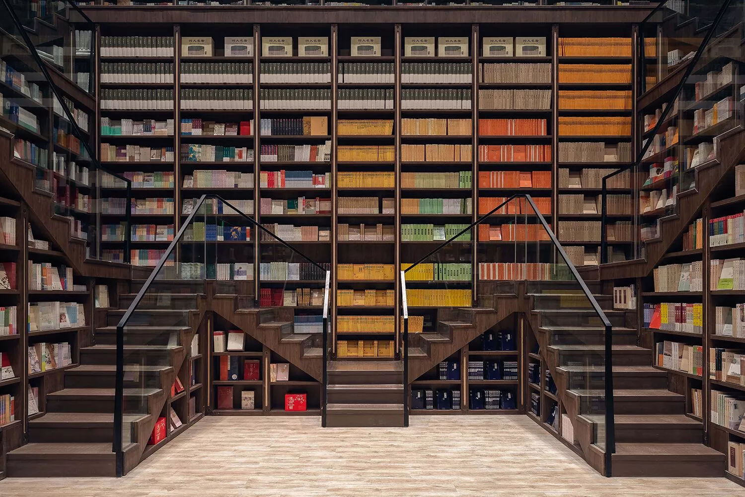 Staircases double as bookshelves inside the Chongqing Zhongshuge Bookstore