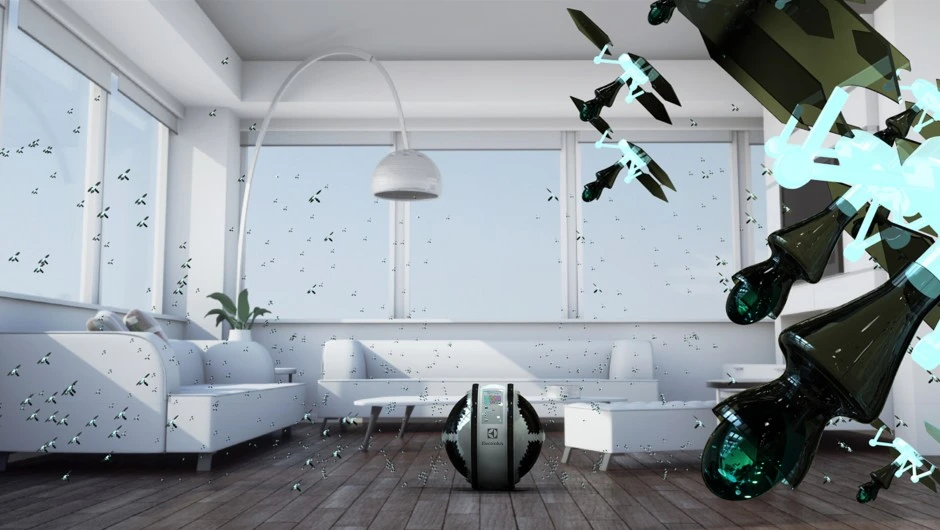 Hundreds of flying mini robots scan and clean the interior spaces