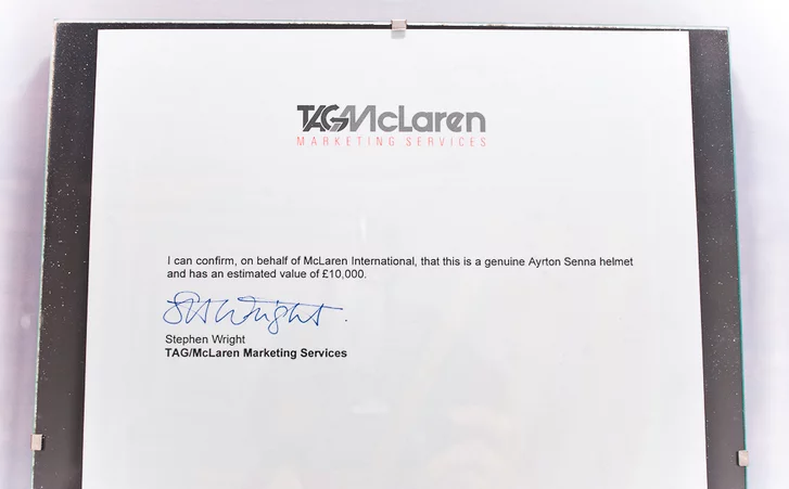 In February 2012, a Senna helmet signed by the champ sold for £74,750 (US$125,938) at Silverstone Auctions' Race Retro Sale. Once again, the authenticity was verified with a letter from TAG/McLaren.