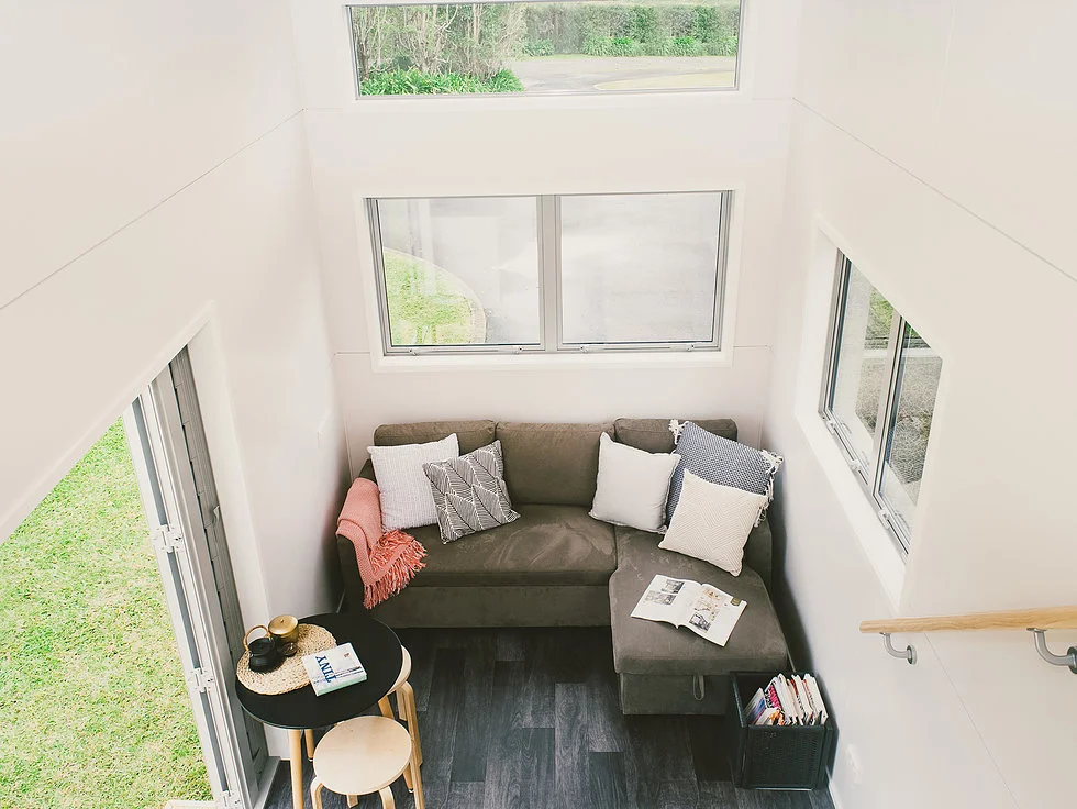 Top-down view of the Buster Tiny House's relatively large living room (the sofa isn't included as standard)