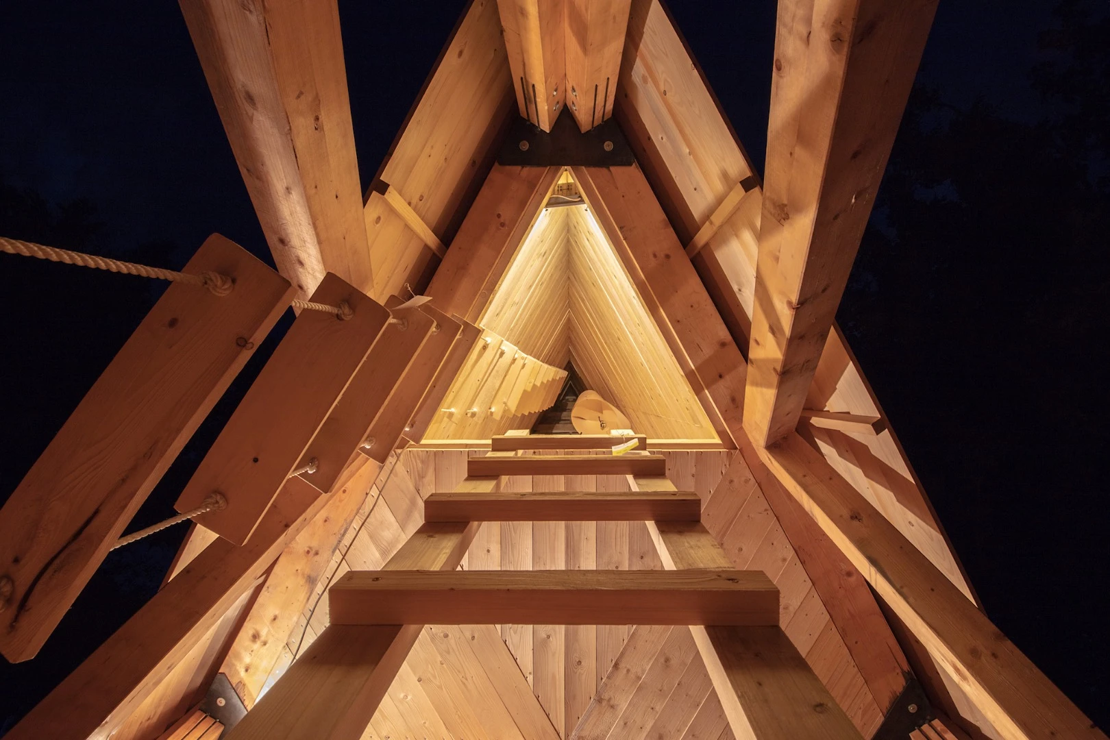 Project Treehouse's occupants can put a light on the roof of the cabin to signal to travelers that they are welcome to visit