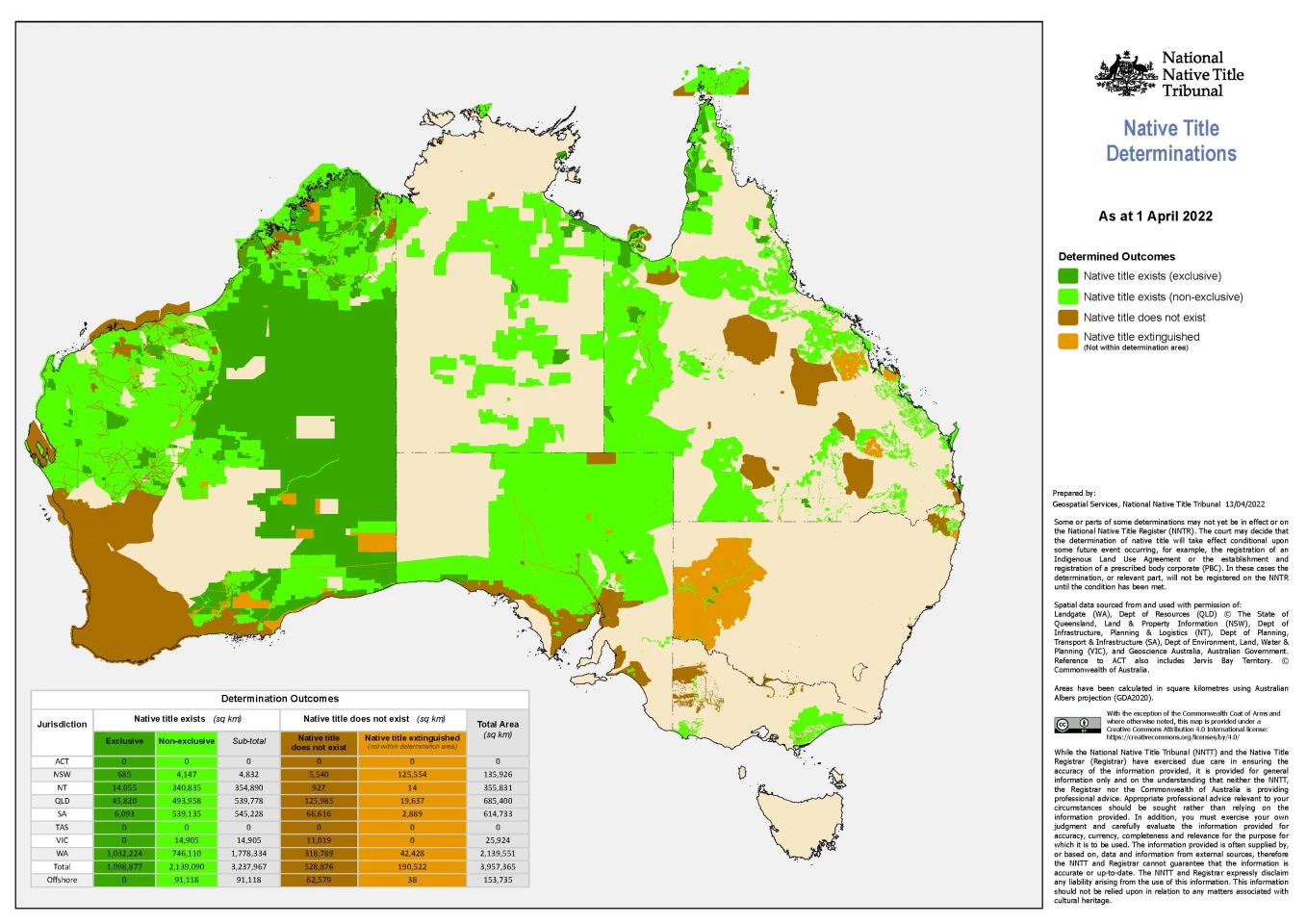 Australian Native Title determinations as at April 1, 2022