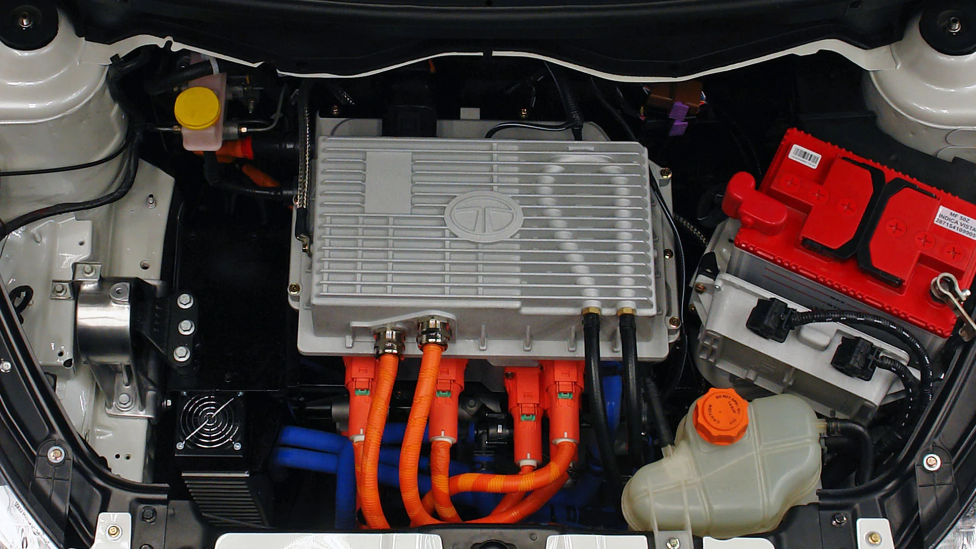 Close up of the engine bay of the Tata Indica Vista EV