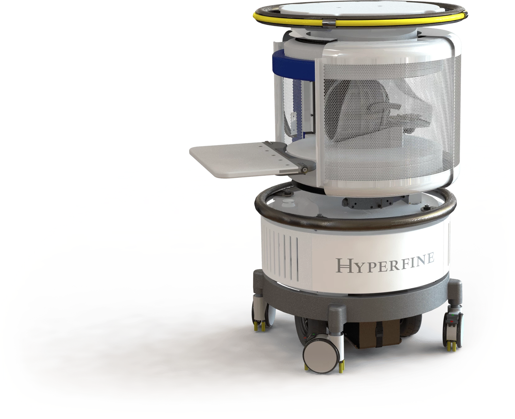 The MRI machine can be rolled up to a patient's bedside, and requires no extra safety equipment due to its low magnetic field