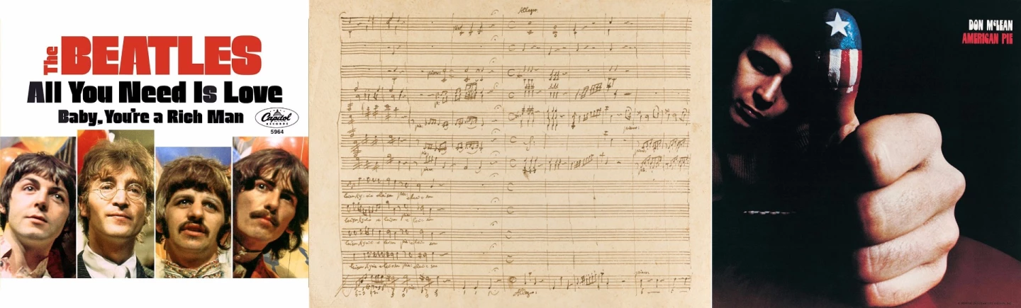 Several handwritten lyrics to popular songs have fetched similar amounts at auction to Einstein's groundbreaking paper, with John Lennon's original words for the Beatles' 'All You Need is Love' fetching $1.25 million, Don McLean's handwritten lyrics to 'American Pie' fetching $1,205,000 and the two-page words written by John Lennon for 'A Day in the Life' from the Beatles' 1967 album Sgt. Pepper's Lonely Hearts Club Band fetching $1,202,500. Popular culture outsells most comparable genres: Wolfgang Amadeus Mozart's autograph manuscript for 'The Kyrie in C' fetched $974,000.